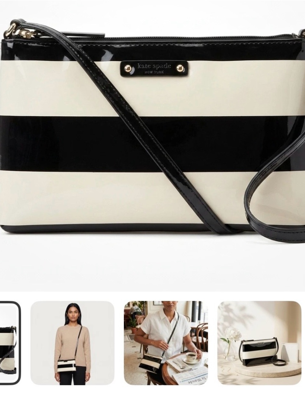 Kate Spade Striped Patent PVC Crossbody Bag Black and Cream Zip Shoulder Bag